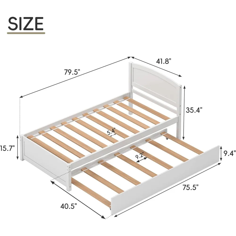 Twin Trundle Bed, Solid Wooden Pull Out Bedframe, Extendable Day Bed with Headboard and Soild Wood Slats Support, Bedroom