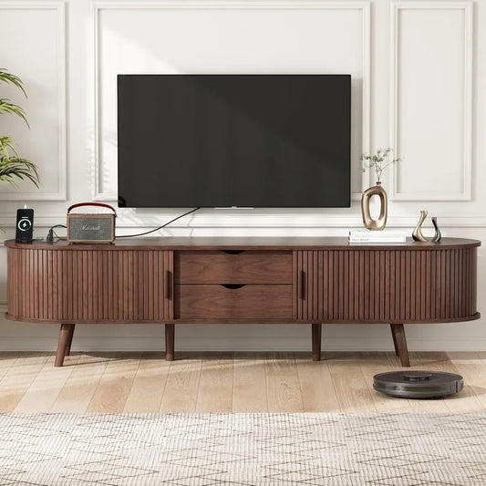 Mid Century Modern TV Stand with Charging Station, Farmhouse Curved Round Edge TV and Media Console Table with Drawer and Shelf