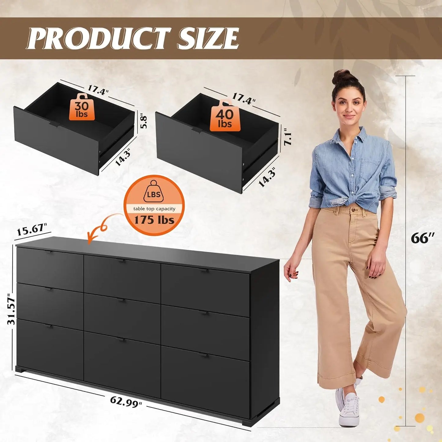 9 Drawer Dressers, Modern Large Wood Dresser Chest for Bedroom Organize with Sturdy Metal Handle, Black (63" W)