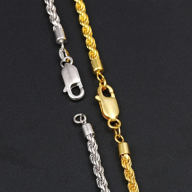 Hip Hop 3MM Twist Chain Necklace Bracelet 925 Sterling Silver Rope Link Chain Necklace 18k Gold Plated Fine Jewelry - Uknowucme