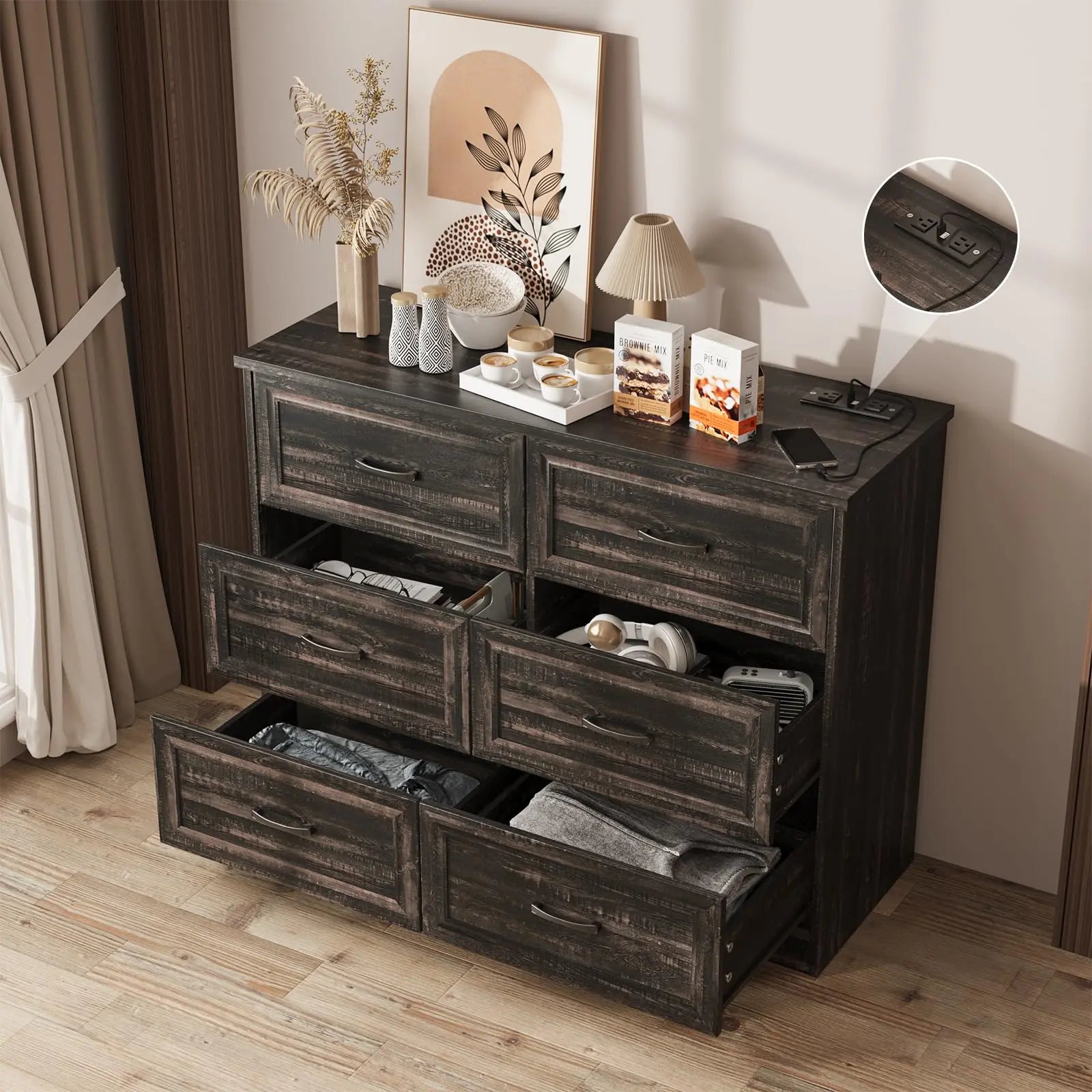Vabches 6 Drawer Dresser for Bedroom Wood Chest of Drawers with Power Strip Tall Dresser Organizer with Metal Handle for Hallway - Uknowucme