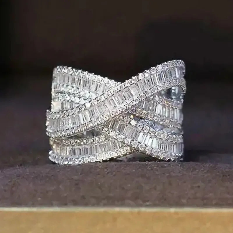 925 Sterling Silver Cross Rings Full Bling Iced Out Cubic Zirconia Gorgeous Wedding Band Accessories for Women Party Jewelry - Uknowucme