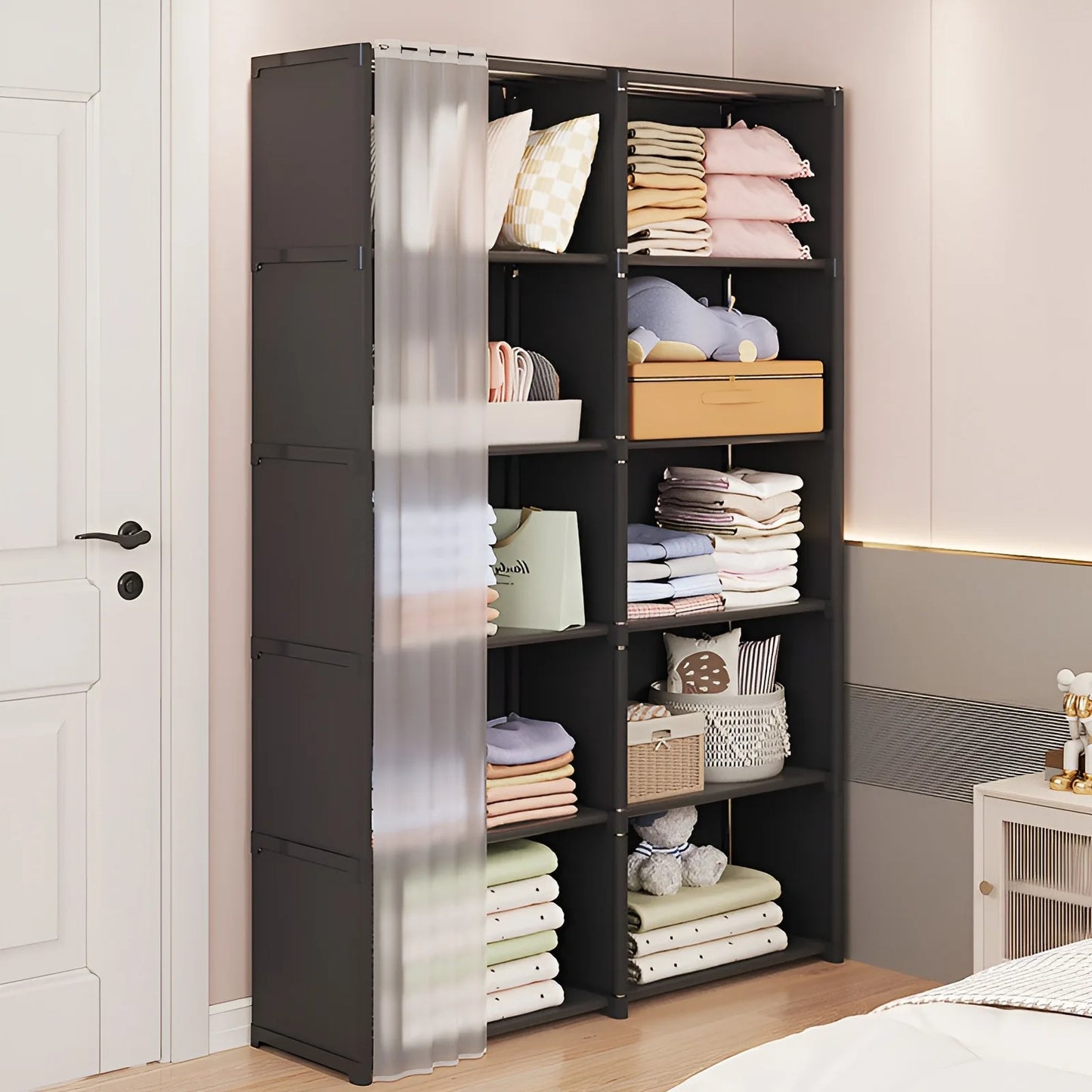 Wardrobe Rack Dustproof Cloth Closet Organizers Cabinet Large Capacity Heavy Duty Simple Assembly Bedroom Hanger Storage Shelves