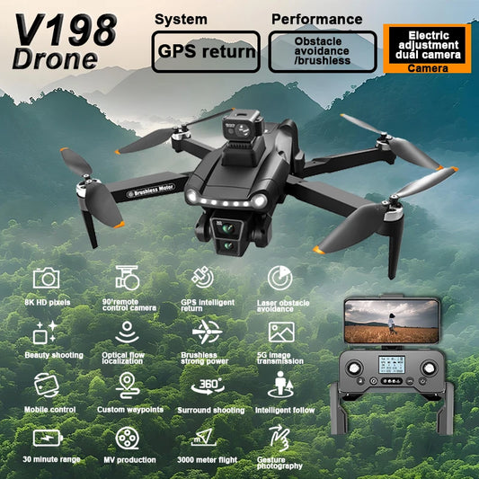 Drone 8K V198 Profesional HD Camera For Xiaomi ESC Brushless Obstacle Avoidance Aerial Optical Foldable Quadcopter Mini Drone - Uknowucme