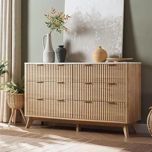 Fluted 6 Drawers Dresser, 54" Wide Modern Chest of Drawers with Faux Marble Top, Curved Profile Design - Uknowucme