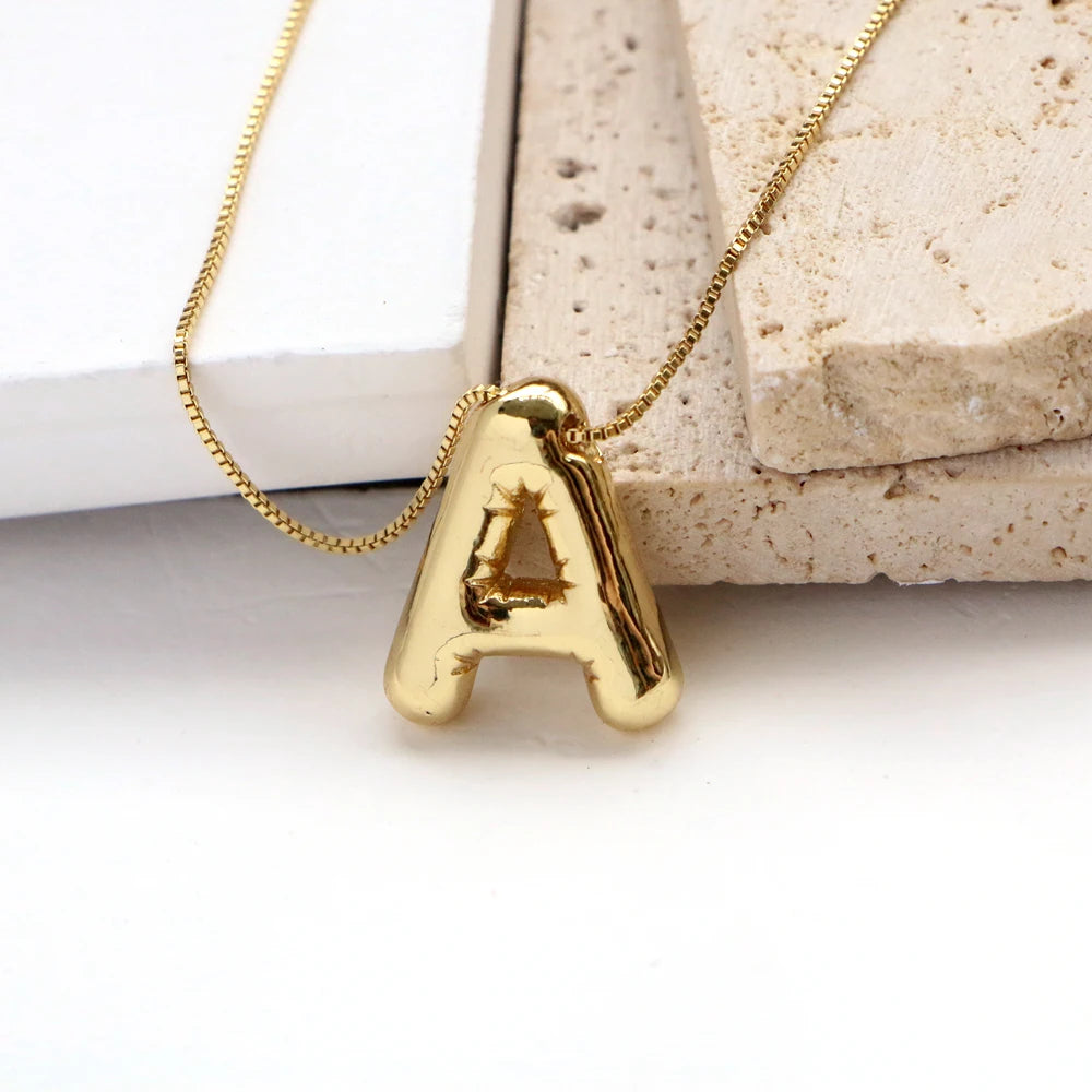 Gold Plated Copper Chunky Alphabet Balloon Bubble Initial Letter Pendant Necklace for Women Men Boy Fashion Jewelry - Uknowucme