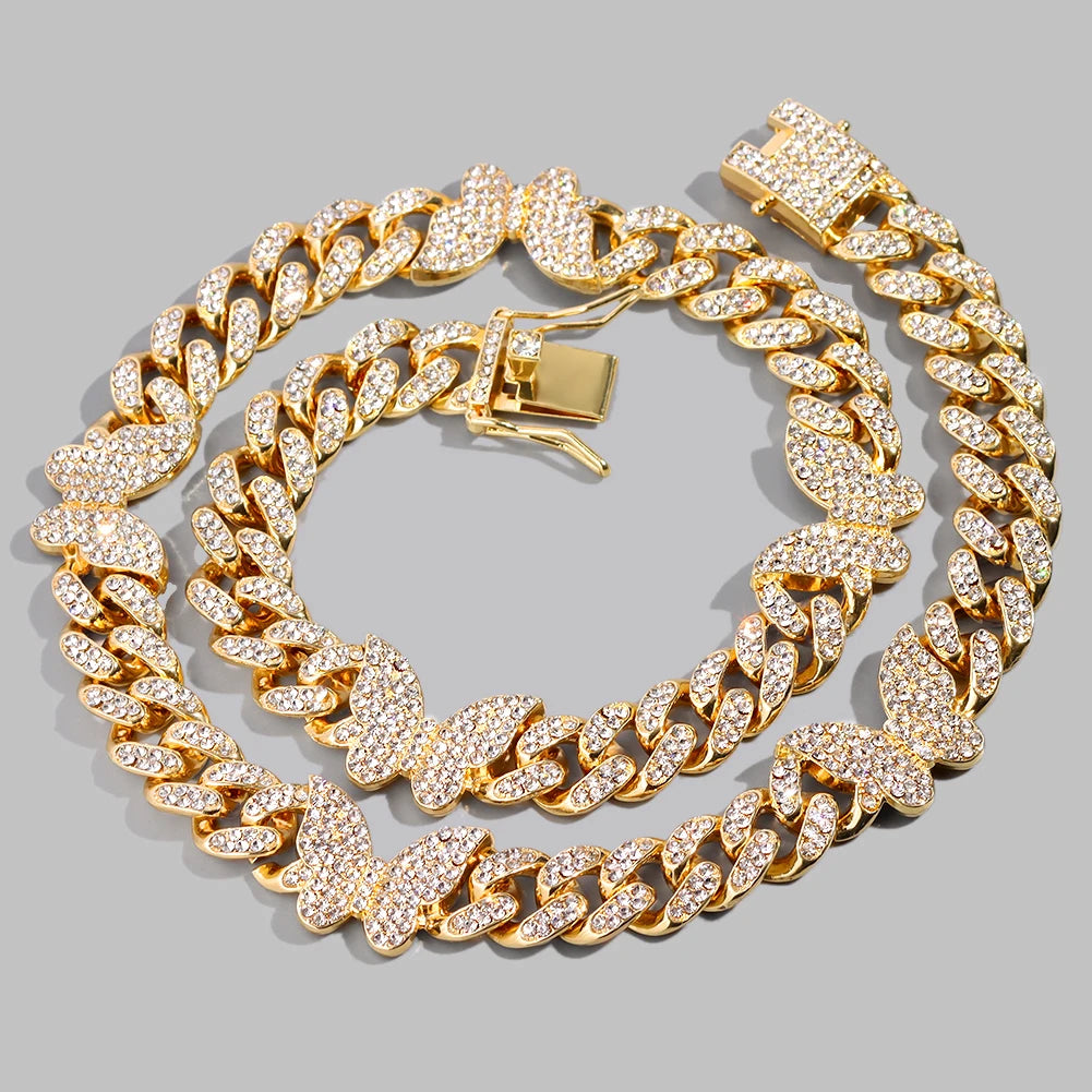 Hip Hop Iced Out Cuban Link Chain Butterfly Necklace for Women Gold Silver Color Rhinestone Paved Miami Cuban Necklaces Jewelry