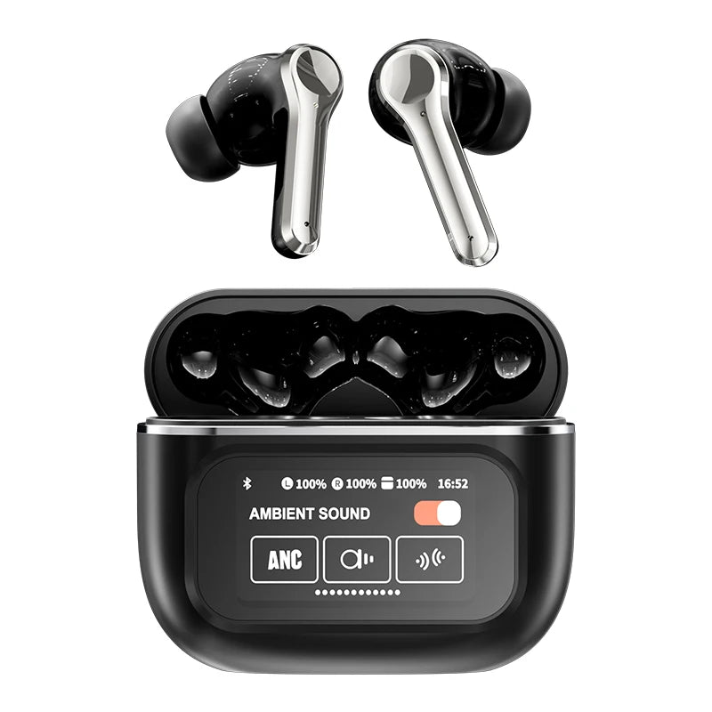 IB-C001 wireless Bluetooth headphone ANC TWS earphones LED touchscreen visible active noise cancellation earphone sportearbuds