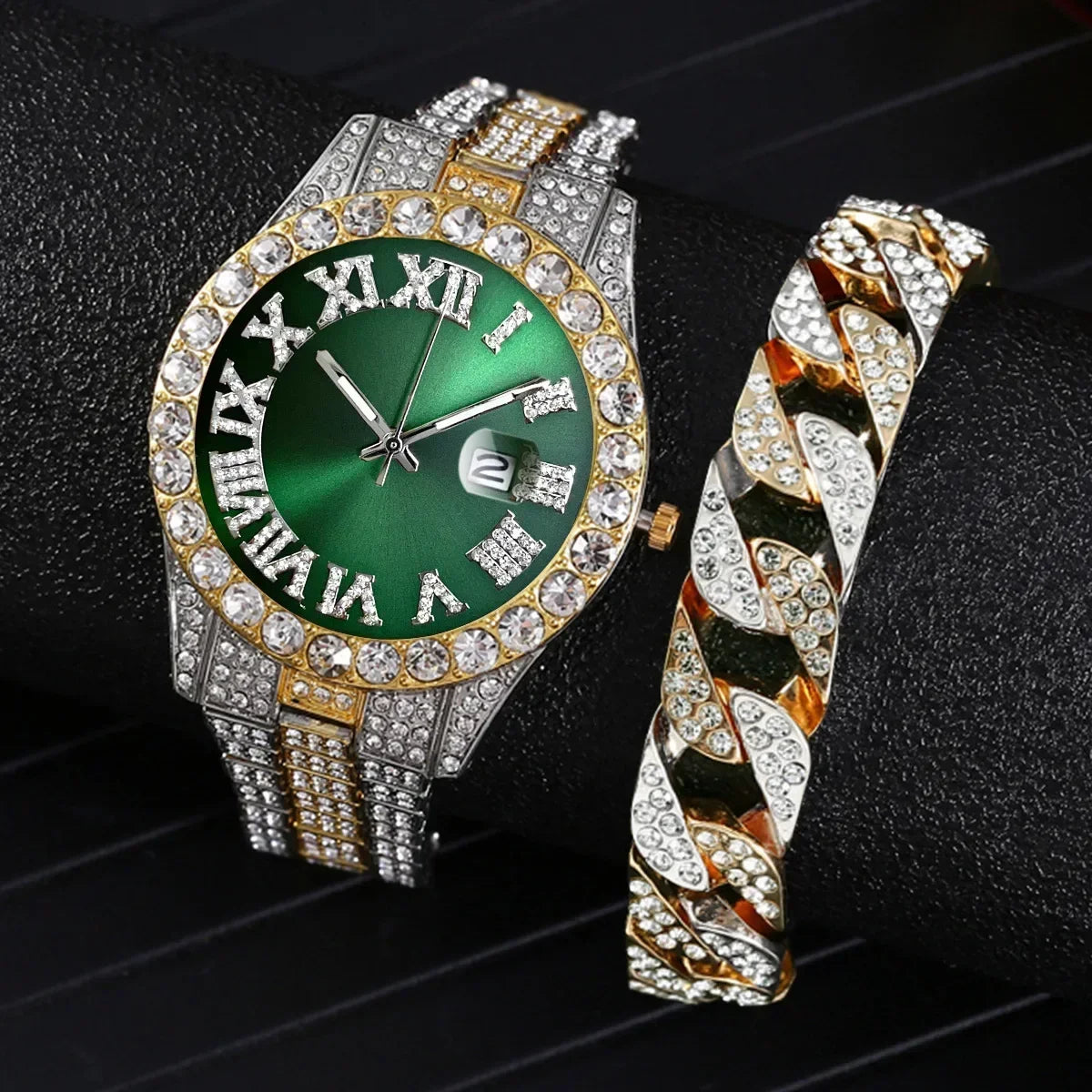 1/2Pc Watch Bracelet Set Hip Hop Stainless Steel Gold Color Calendar Watch Men Iced Out Paved Rhinestones Men Watch Reloj Hombre