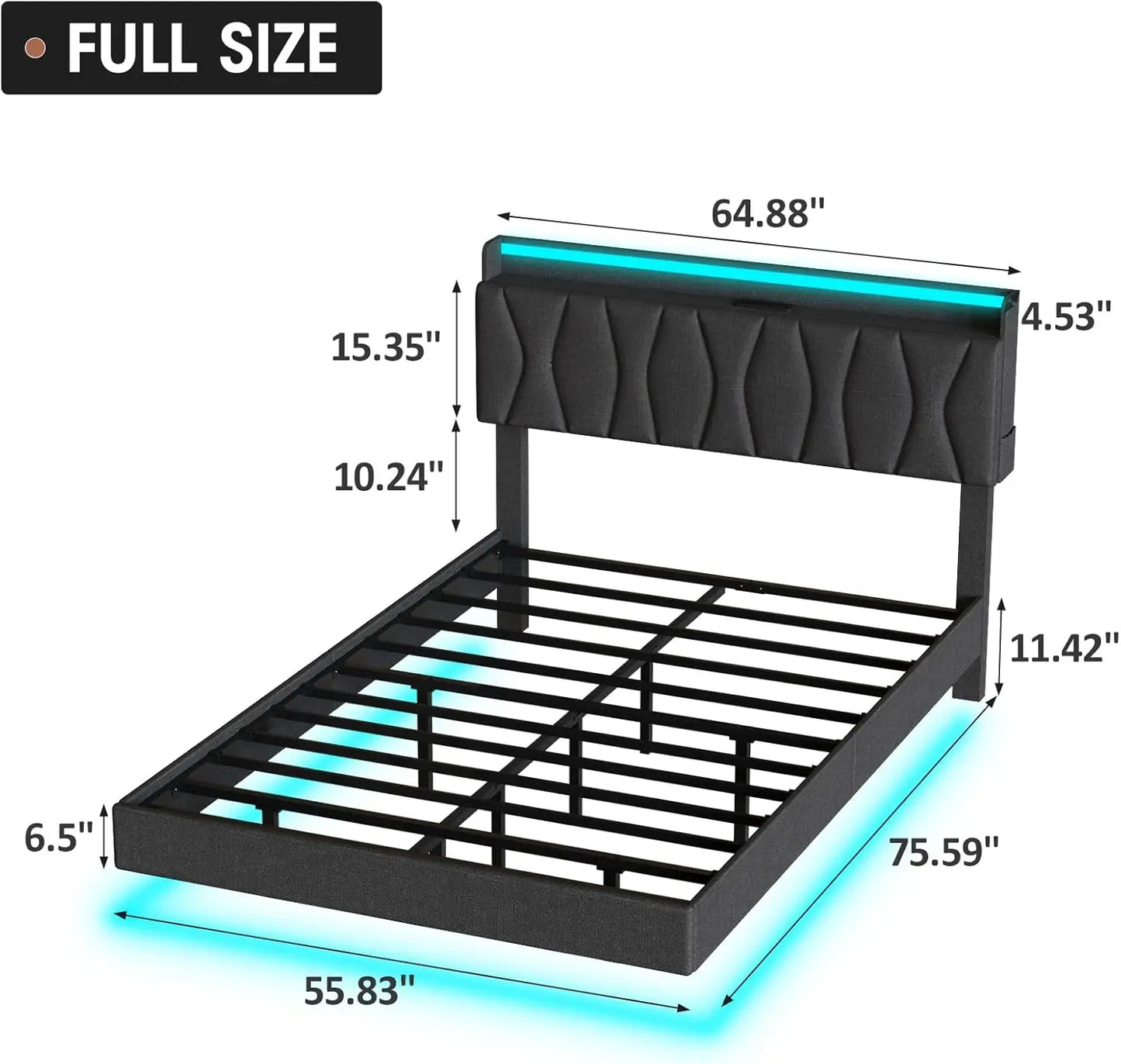 Vabches Floating Queen Bed Frame With Storage Headboard&LED Light Bed Frame with Charging Station Upholstered Platform Bed Frame - Uknowucme