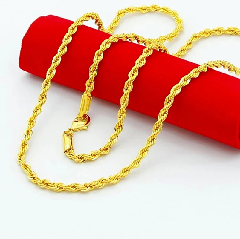 AGTEFFER Hip Hop 24K Gold Necklace 3MM Twisted Rope Twist Electroplating Gold Necklace for Men Women Wedding Jewelry Gifts - Uknowucme