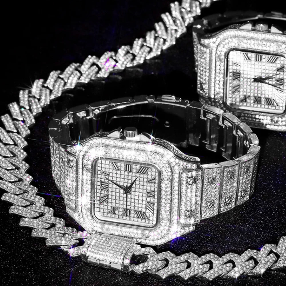 3pcs Men's Watch Set Hip-hop Punk Inlay Diamond Square Watch+Cuban Chain+Bracelet Comes With Strap Adjuster Stylish Jewelry Gift - Uknowucme