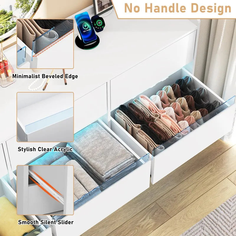 9 Drawer Dresser with Power Outlet & LED Light, Modern Chest of Drawers for Closet, 63" Drawer Organizer Cabinet for Bedroom - Uknowucme