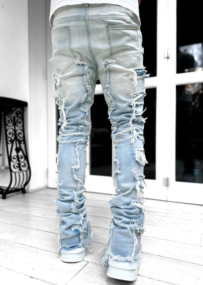 Spliced Distressed Denim Pants Men Jeans Ripped Mid Waist Pockets High Street Jean Skinny Washed Ankle Length Pencil Pants - Uknowucme