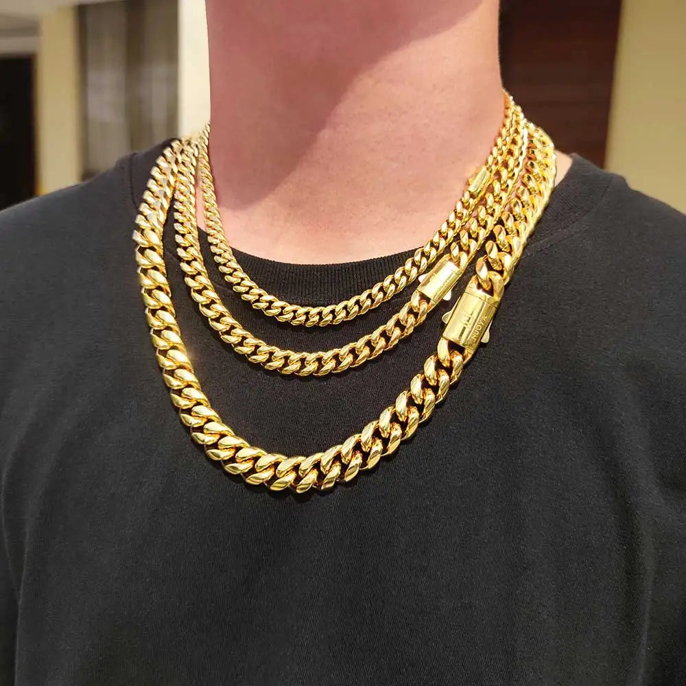 High Quality Width 8-14mm Stainless Steel Gold Color Cuban Chain Waterproof Men woman Curb Link Necklace Various Sizes - Uknowucme