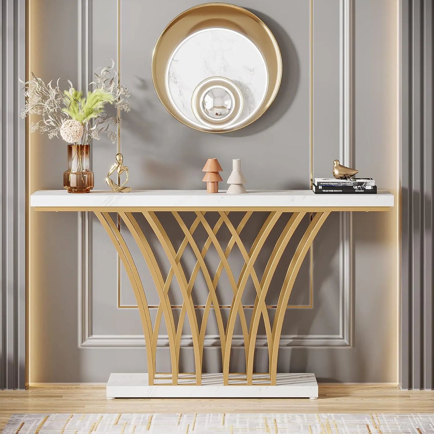 59 inch Gold Console Table, Modern Entryway Table with Grid-Shaped Metal Base for Entrance, Hallway, Entryway, Living Room - Uknowucme