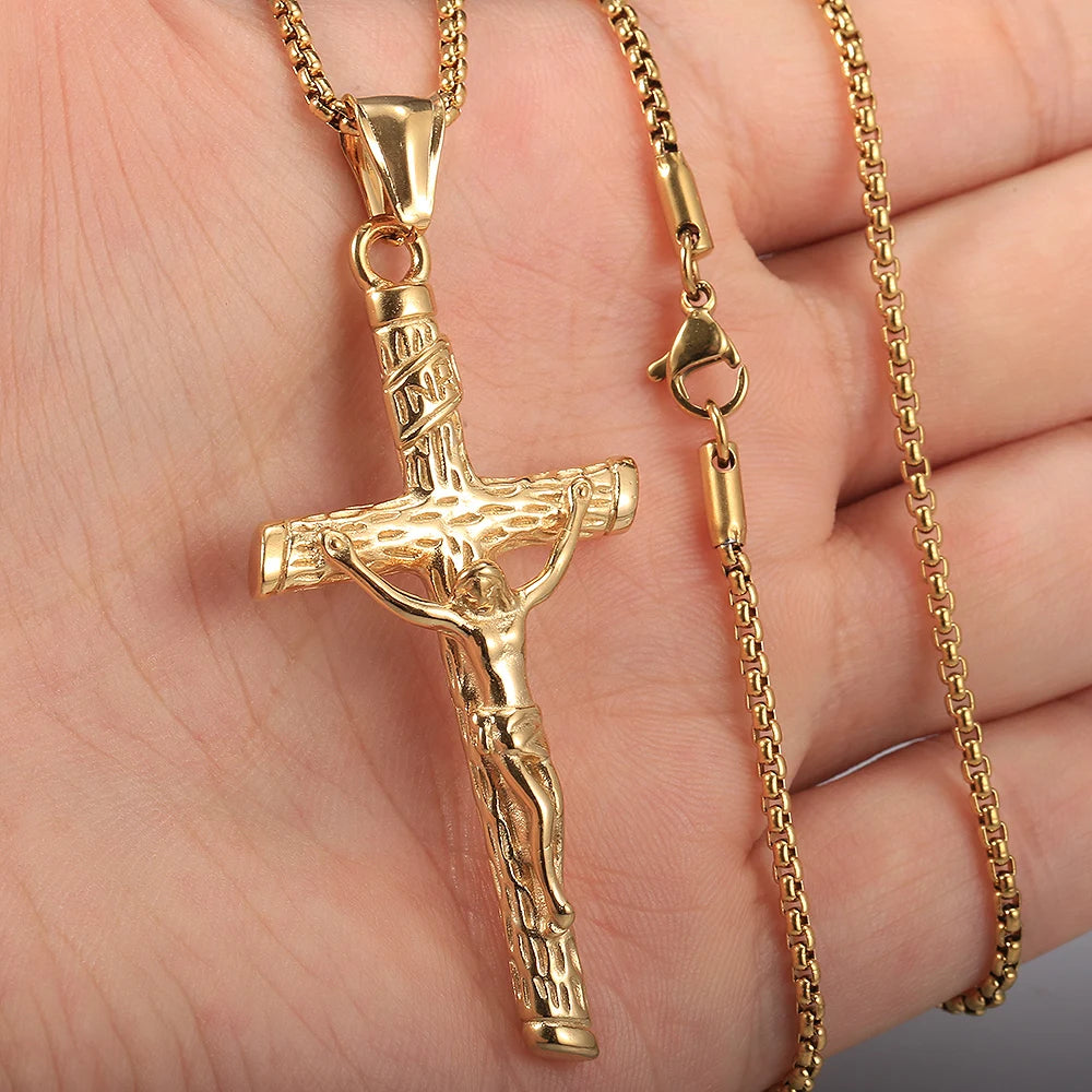 Stainless Steel Religious Crucifix Jesus Cross Necklace Pendant Gold Color Silver Color  for Men Women Box Chain jewelry KP687