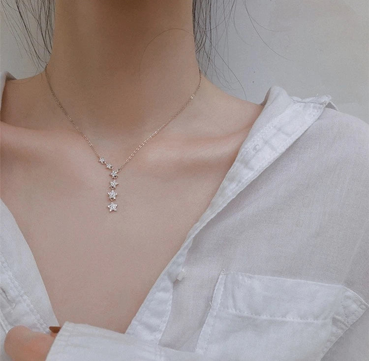 Fashion Pentagram Star 925 Sterling Silver Crystal Clavicle Chain Necklaces  XL065 - Uknowucme