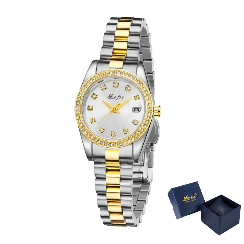 26mm Women Watches Calendar Quartz Wristwatches Iced Out Diamond Fashion Elegant Small Ladies Watch Stainless Gold Reloj Mujer