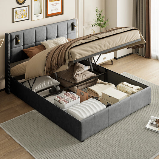 Double Bed 160x200cm, Upholstered Bed with USB & Reading Lamps, Bed Box, Storage Beds Bed Frame Velvet, Youth Bed with Headboard