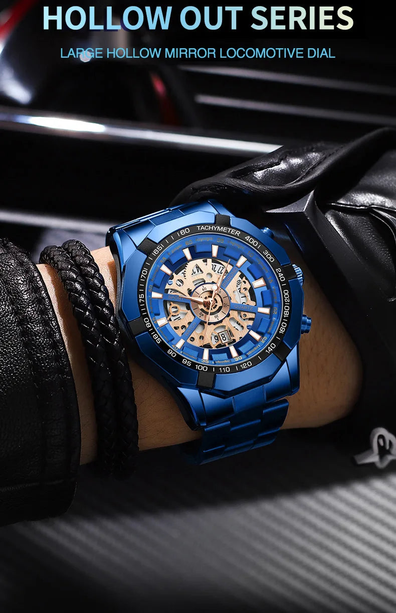 2025 Mens Quartz Watches Top Brand Luxury Stainless Steel Waterproof Hollow Out Blue Big Male Wristwatches Relogio Masculino - Uknowucme
