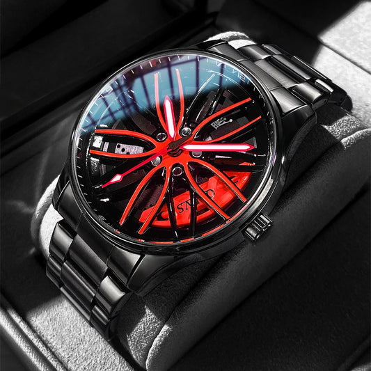 OLEVS Wheel Hub Men's Watches Trend Fashion Quartz Wristwatch Original Movement Waterproof Steel Luminous 3D Hollow Rotary Dial - Uknowucme