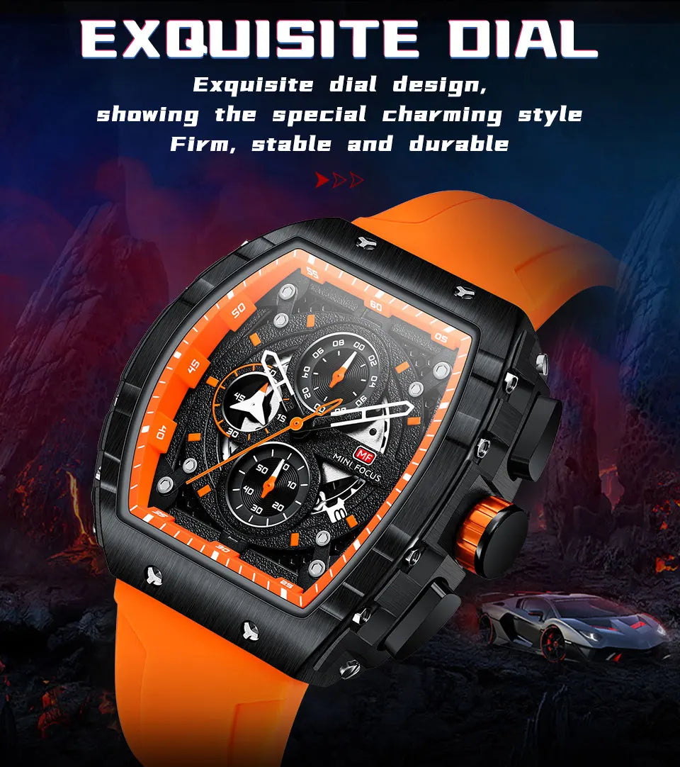 MINI FOCUS Chronograph Quartz Watch for Men Tonneau Dial Military Sport Wristwatch with Orange Silicone Strap Auto Date 0399 - Uknowucme