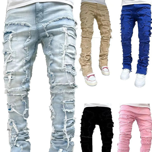 Spliced Distressed Denim Pants Men Jeans Ripped Mid Waist Pockets High Street Jean Skinny Washed Ankle Length Pencil Pants - Uknowucme