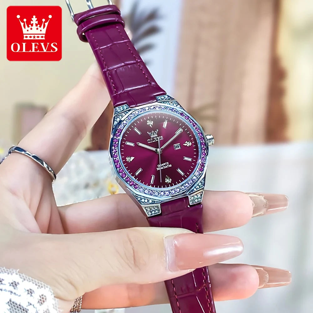 OLEVS Original Women's Watches Diamond Lap Fashion Leather Strap 3m Waterproof Luminous Ladies Wristwatch Quartz Watch for Women