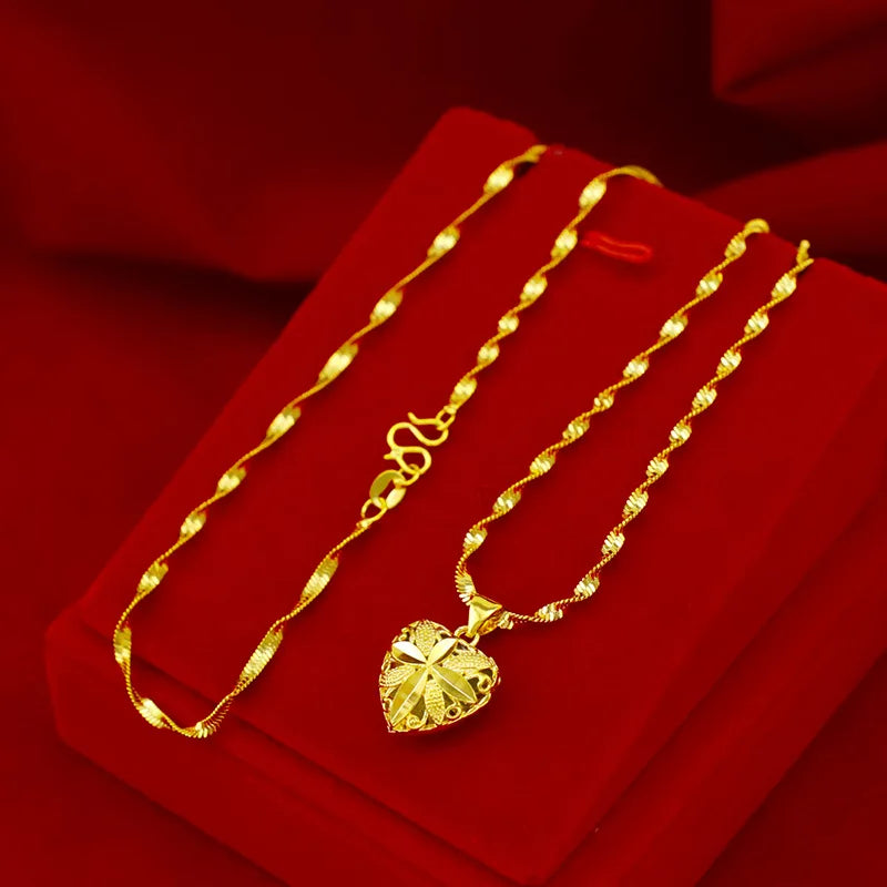 HOYON Coating Pure Dubai 24k Lovers Necklace For Women Wedding Gift Gold Chain Necklace Designer Heart Pendant Jewelry Free Ship - Uknowucme