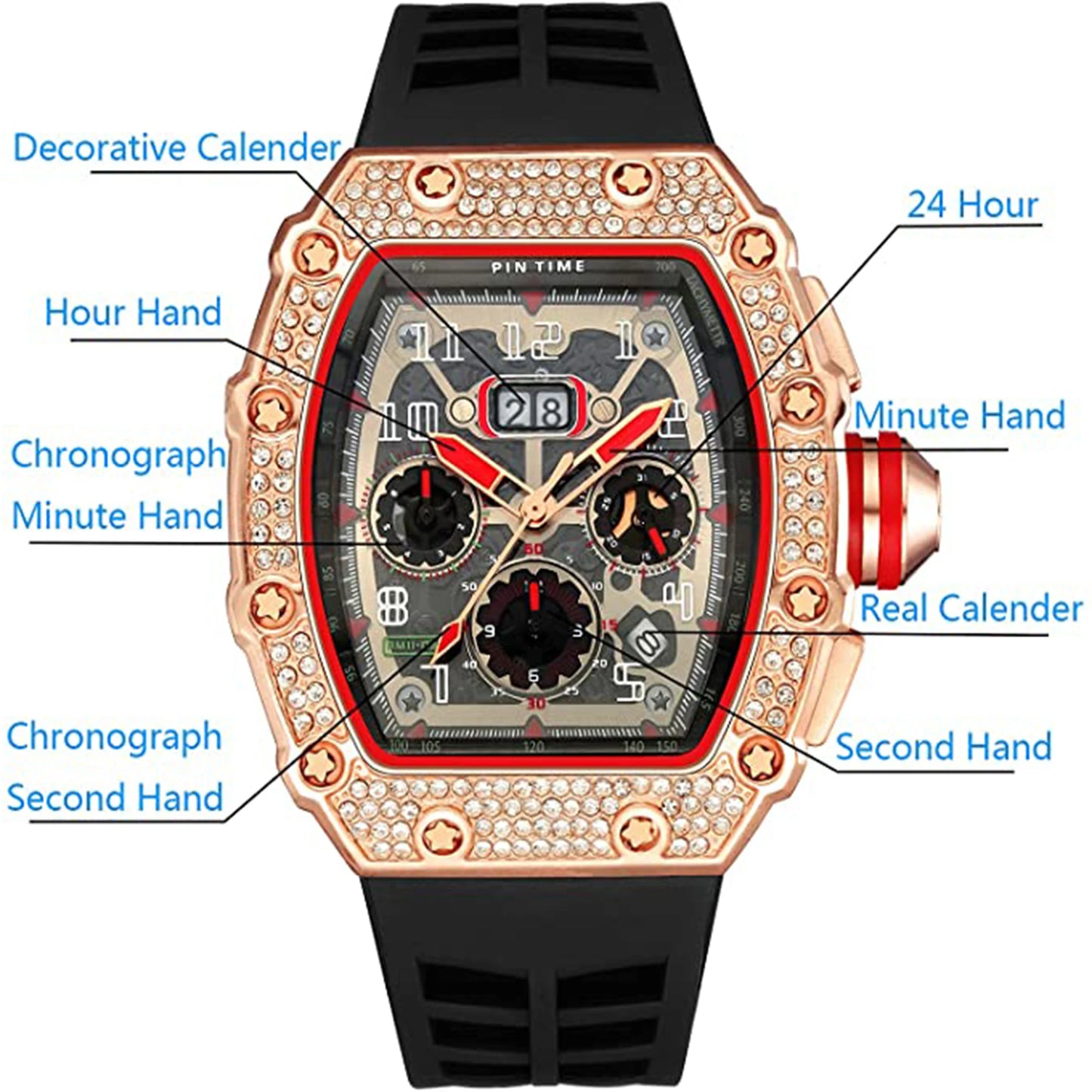 New Arrival Men Business Quartz Watch PINTIME Top Brand Bling Iced Out Diamond Hip Hop Chronograph Popular Item Six Colors