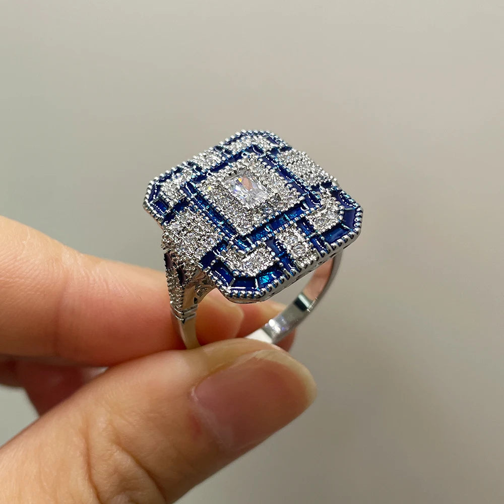 HOYON s925 Sterling Silver Color Square Female Ring Couple Ring Natural Zircon Crystal Sapphire Male Hip Hop Ring Party Jewelry - Uknowucme