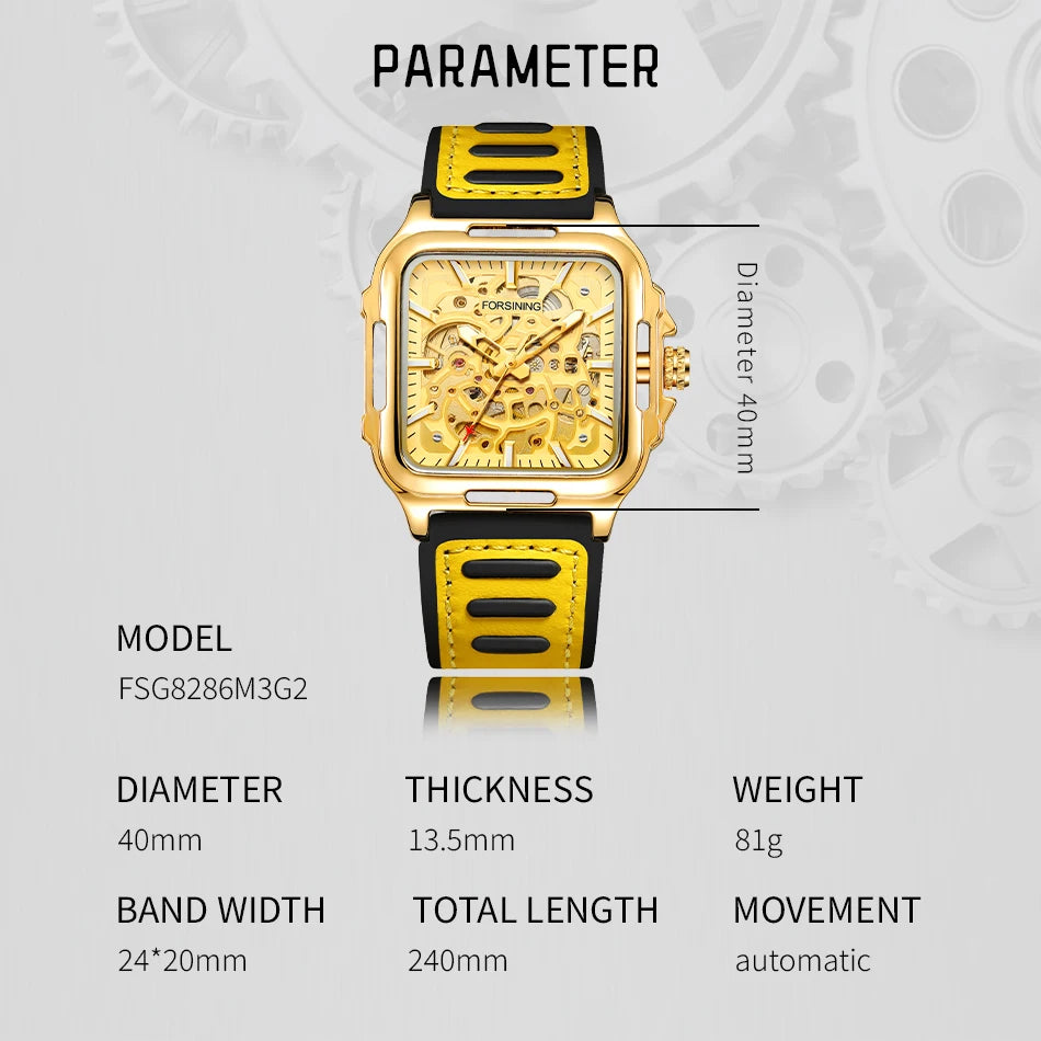 FORSINING Original Square Skeleton Mechanical Man Wristwatches Automatic Movement Field Sports Waterproof Silicone Replica Watch - Uknowucme