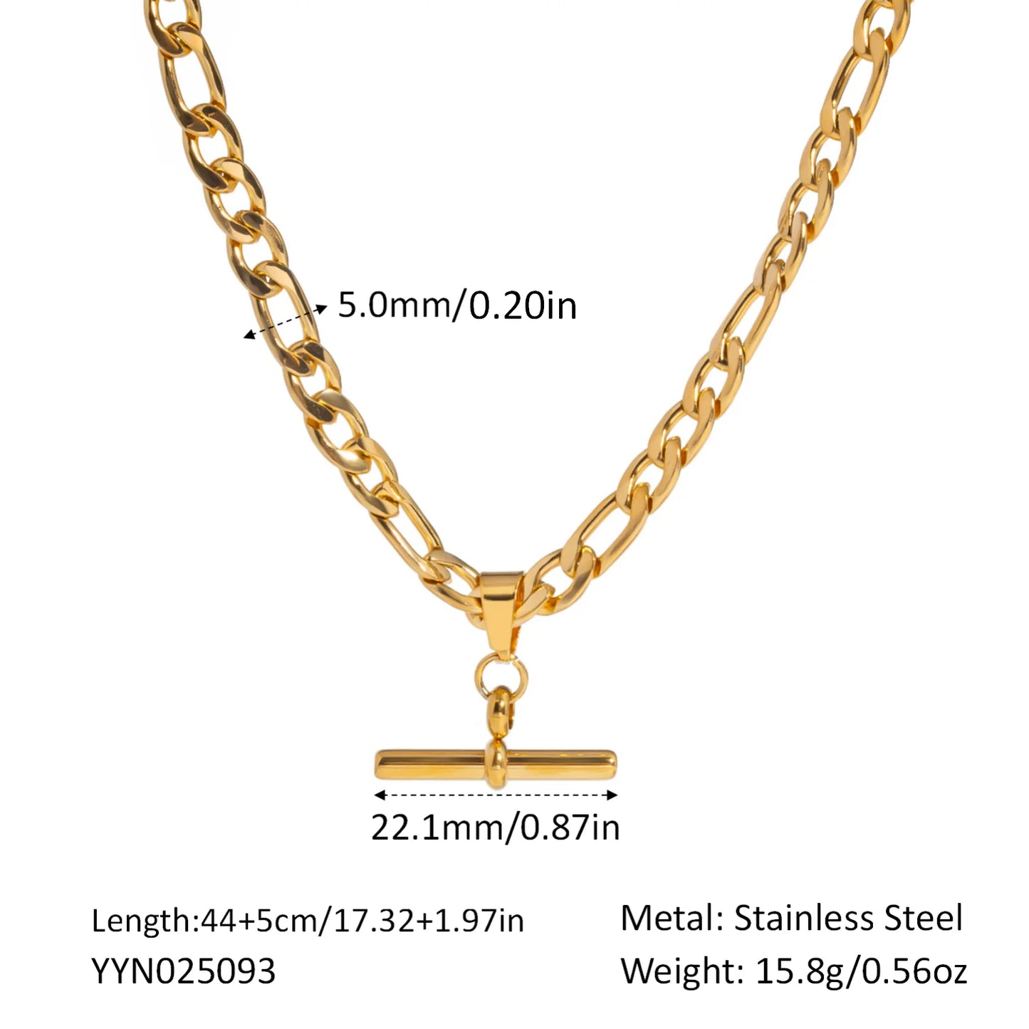 18K Gold Plated Figaro Cuban Chain T-bar Pendant Necklace for Women Stainless Steel Waterproof Party Charm Jewelry - Uknowucme