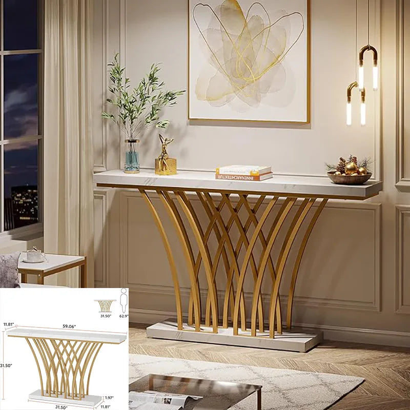 59 inch Gold Console Table, Modern Entryway Table with Grid-Shaped Metal Base for Entrance, Hallway, Entryway, Living Room - Uknowucme