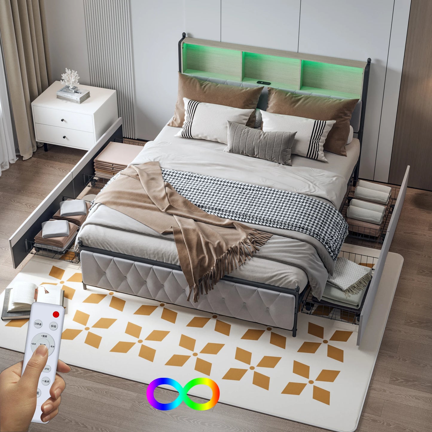 Upholstered Bed Frame with USB Charging Station and LED Lighting, Double Bed Storage Beds Functional Bed Frame with 4 Drawers