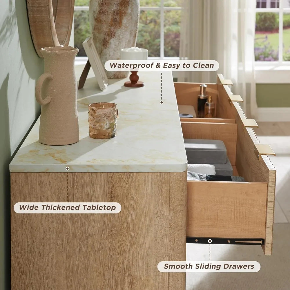 Fluted 6 Drawers Dresser, 54" Wide Modern Chest of Drawers with Faux Marble Top, Curved Profile Design - Uknowucme