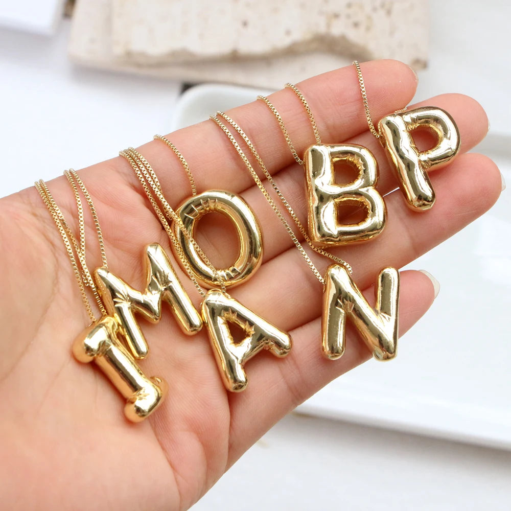 Gold Plated Copper Chunky Alphabet Balloon Bubble Initial Letter Pendant Necklace for Women Men Boy Fashion Jewelry - Uknowucme