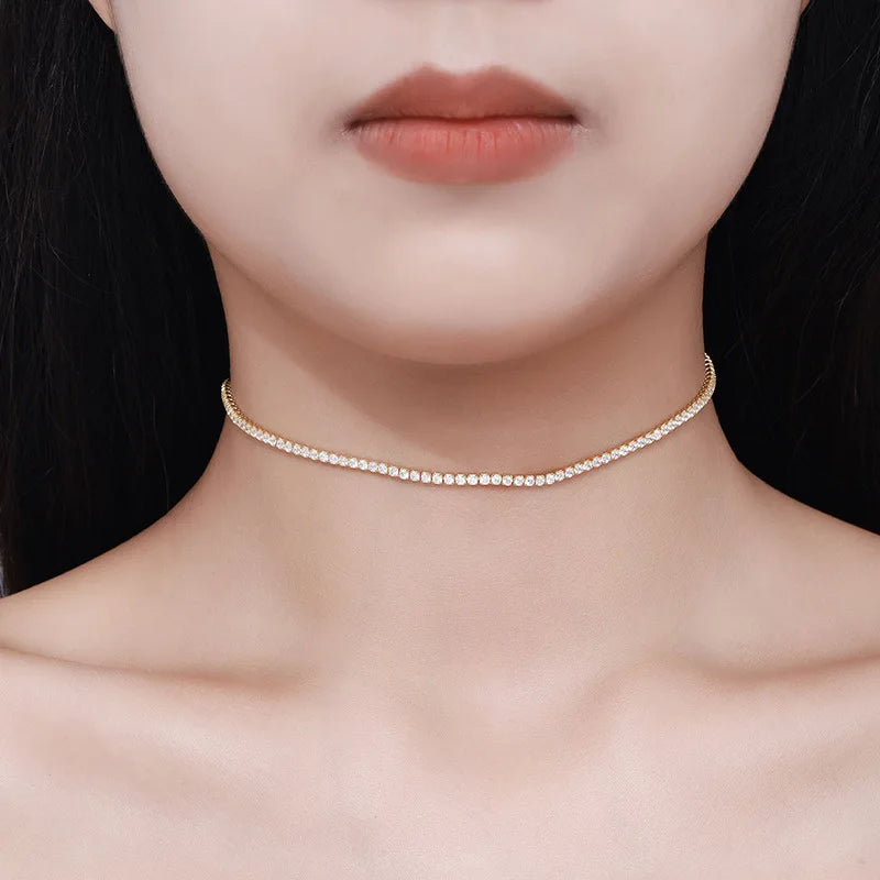 2mm Moissanite Tennis Necklace For Women S925 Silver Plated 18K Gold Sparking Rhinestone Choker Chain Wedding Jewelry Adjustable - Uknowucme
