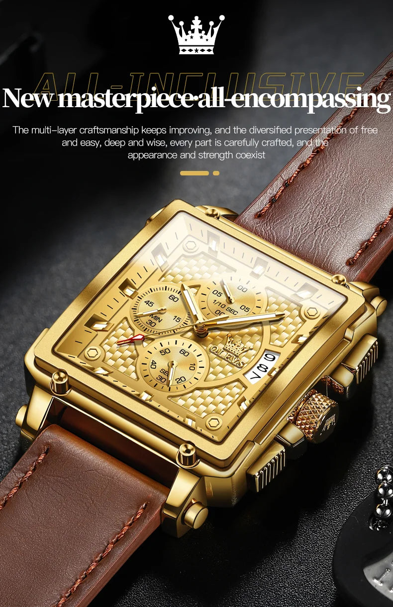 OLEVS Brand 9925 Men's Watches Gold Square Dial Quartz Male Watch Original Leather Strap Fashion Watch 30m Waterproof Top Ten - Uknowucme