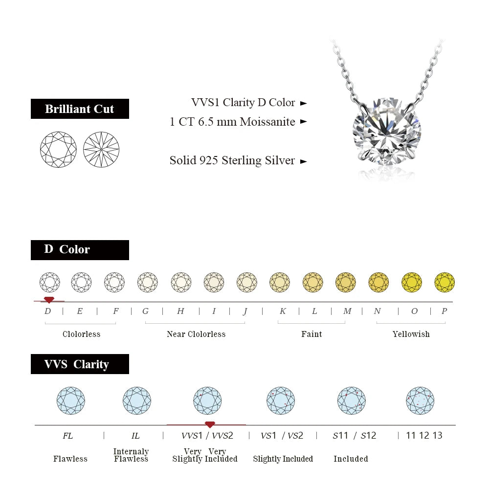 ATTAGEMS Necklace For Woman Pendant Moissanite Diamond 6.5mm 1CT 925 Silver Necklace For Women Chains Party Bridal Fine Jewelry