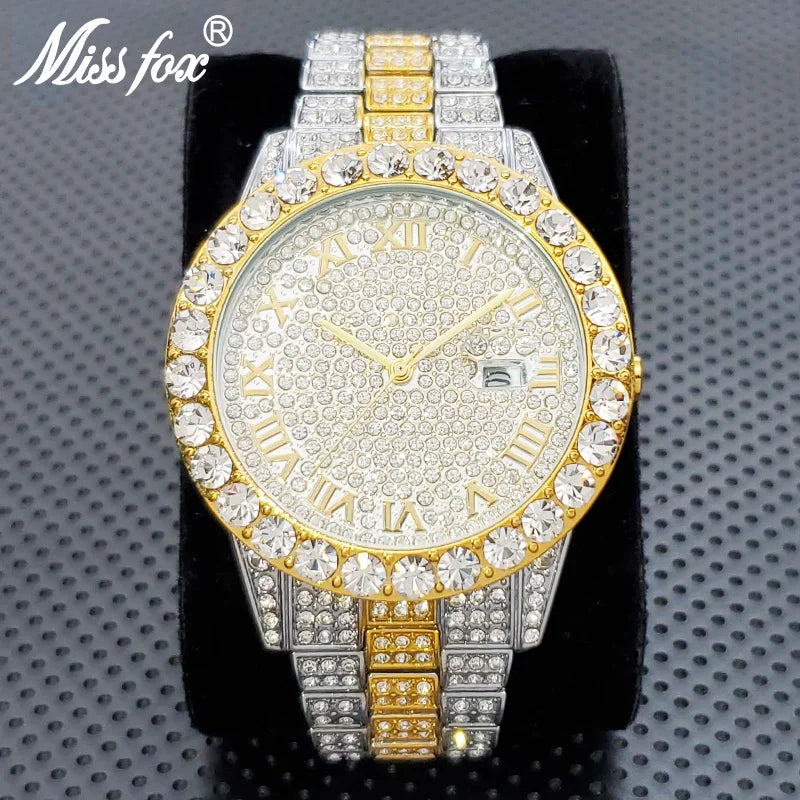 Stylish Black Crytal Watch For Men Unique Full Paved Diamond Quartz Timepiece Top Brand Fashion Bling Ice Out Male Hip Hop Clock