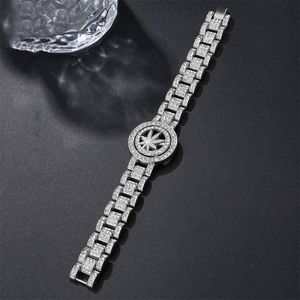 D&Z Hip Pop Full Iced Out CZ Stones Hand Watch Chain Bracelet For Men Rotating Leaves Bling Rhinestone Charm Hand Jewelry Gift