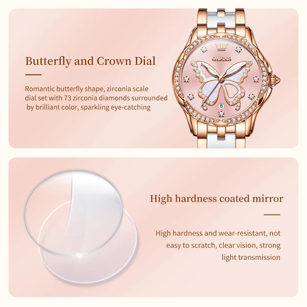 OLEVS 5610 Women's Watches Diamond Butterfly Design Dial Ceramic Strap Waterproof New Fashion Young Girl's Watches Set Gift