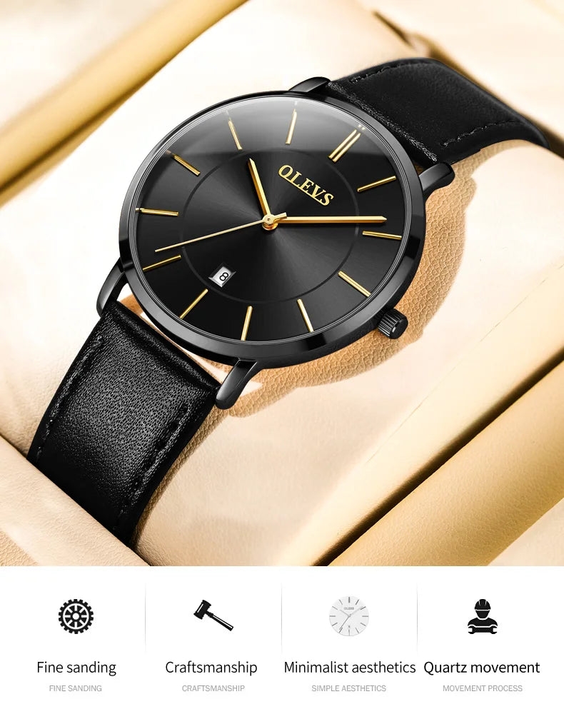 New In OLEVS Quartz Watch for Men Ultra Thin 6.5mm Minimalist Waterproof Date Bussiness Watch Fashion Leather Strap Men's Watch - Uknowucme