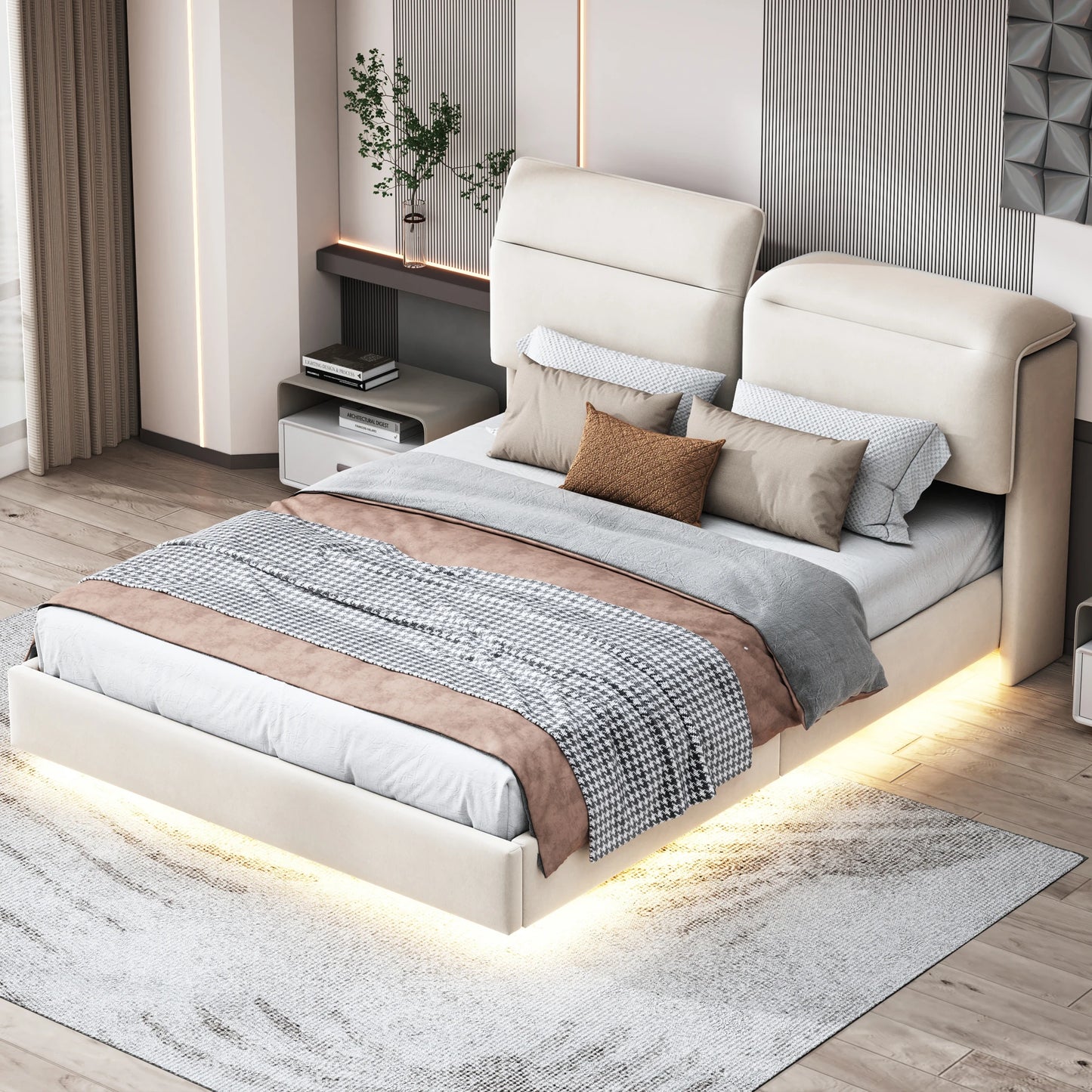 Anajqaqia 160×200 cm Hydraulic Bed, Double Upholstered Bed with Folding Bed Head and Underbed Light Strip, Velvet, Off White
