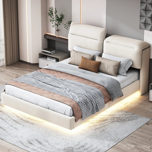 Anajqaqia 160×200 cm Hydraulic Bed, Double Upholstered Bed with Folding Bed Head and Underbed Light Strip, Velvet, Off White