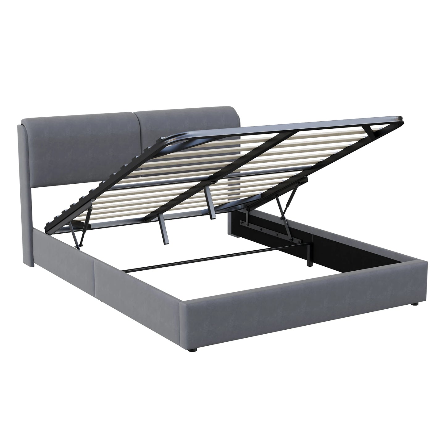Anajqaqia 160×200 cm Upholstered Double Bed, Hydraulic Bed with LED Light and Slatted Base,Under-bed Storage Space, Velvet, Grey