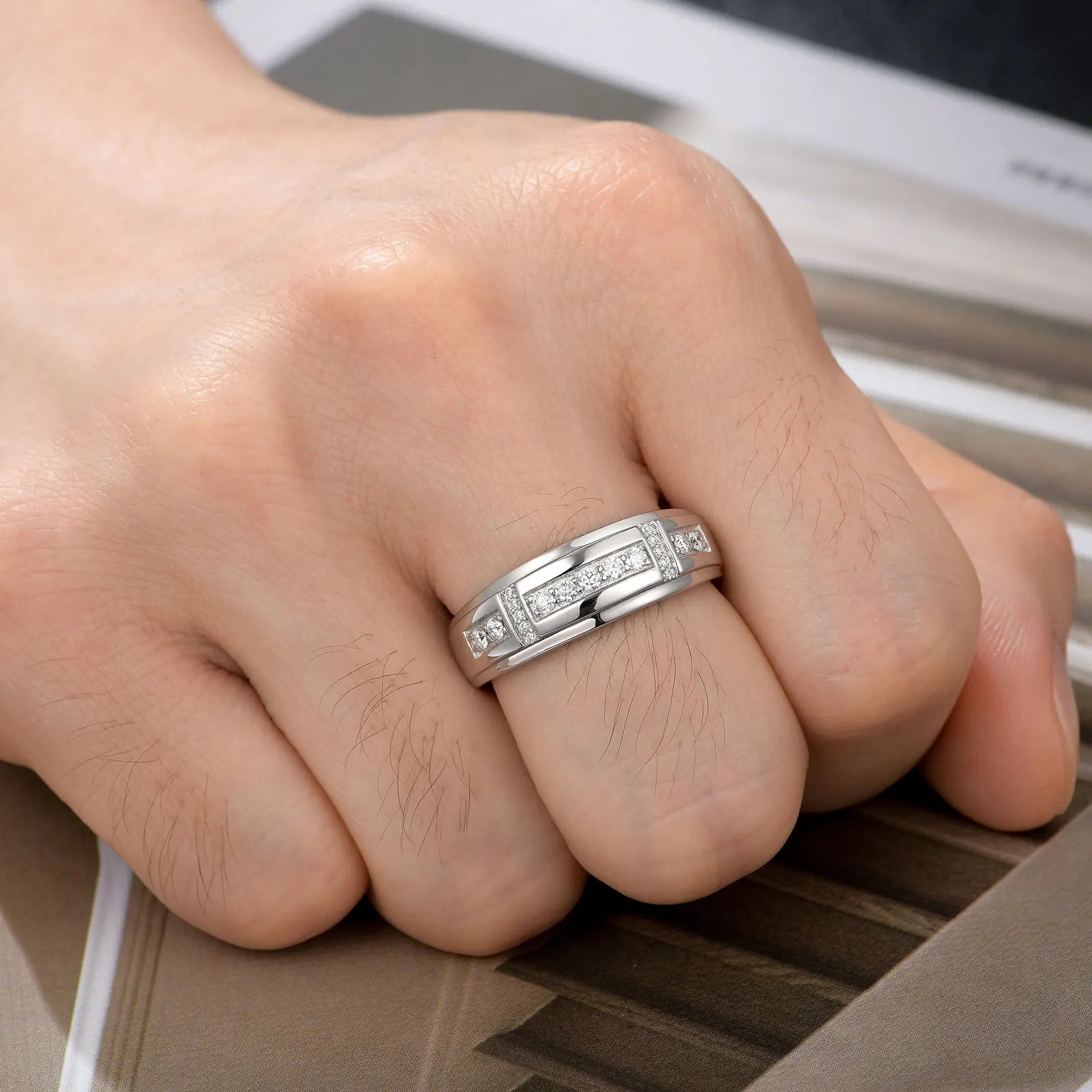 Newshe Full Moissanite Men's Wedding Band 925 Sterling Silver Promise Rings for Him Round Cut Engagement Eternity Ring - Uknowucme