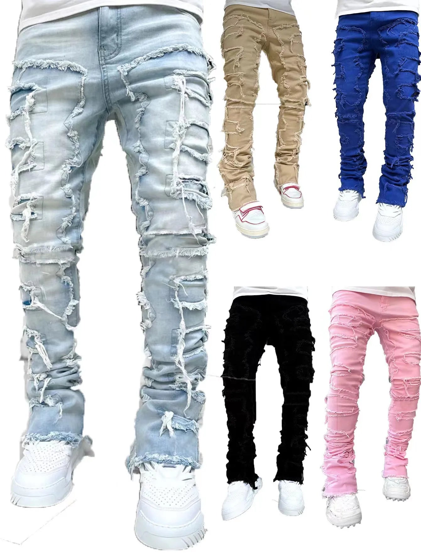 Spliced Distressed Denim Pants Men Jeans Ripped Mid Waist Pockets High Street Jean Skinny Washed Ankle Length Pencil Pants - Uknowucme
